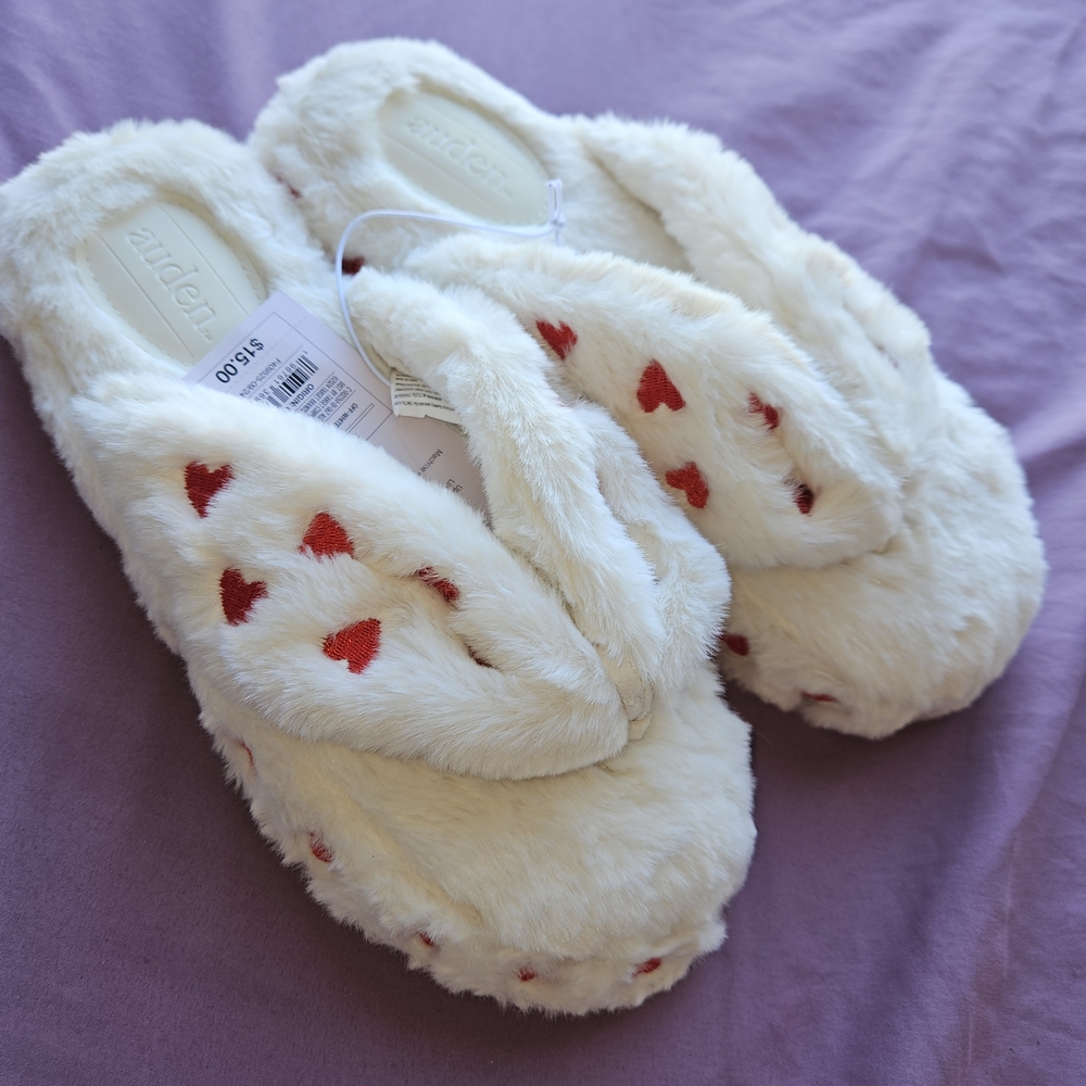 Ardene Cream Slippers with Red Heart Accents